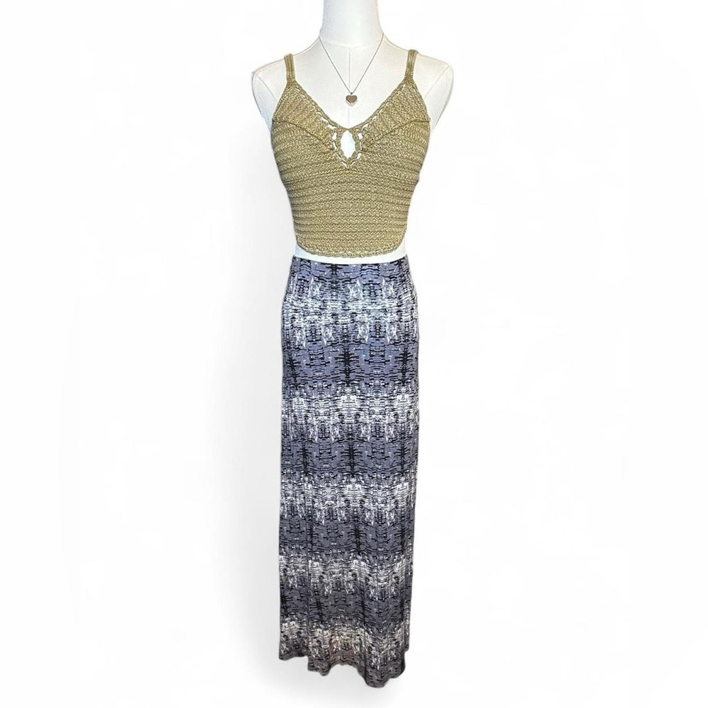 Kensie Gray Black White Patterned Maxi Skirt Boho Festival Whimsygoth